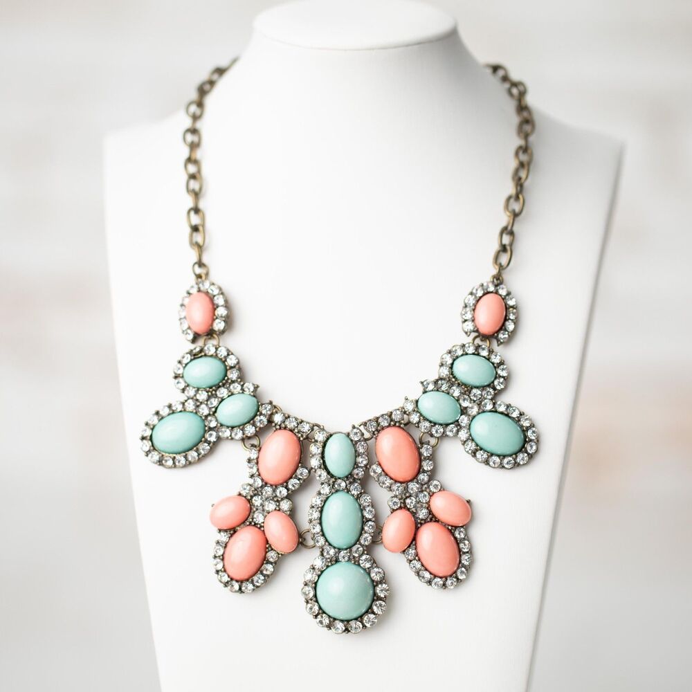 Coral Aqua Statement Vintage Bib Necklace Rhinestone Cabochon Antique Gold Tone